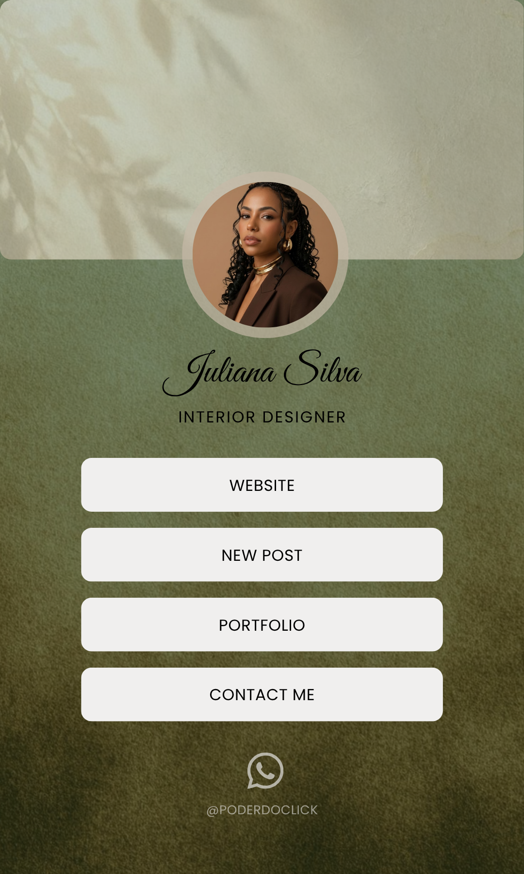 Template editável no Canva — Interior Designer · Verde Oliva